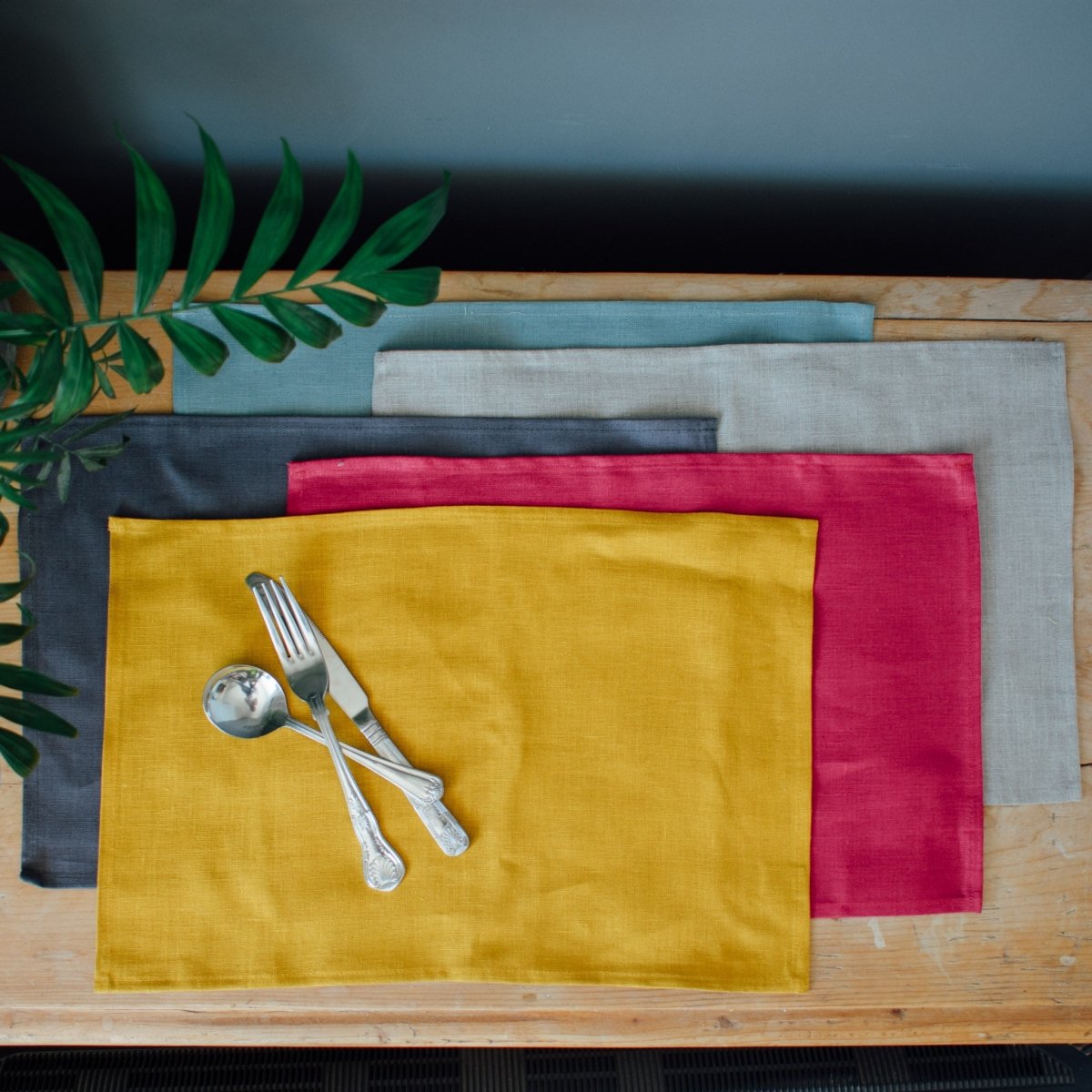 Linen placemats in beautiful linen colours, mustard, raspberry, natural, duck egg blue linen