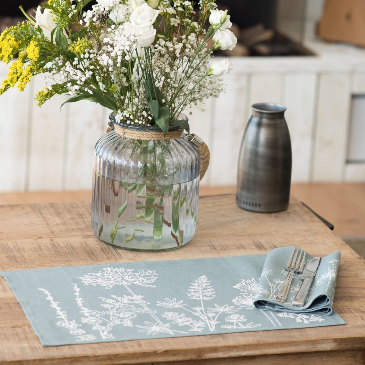 Duck egg blue linen placemats flowers  set of two