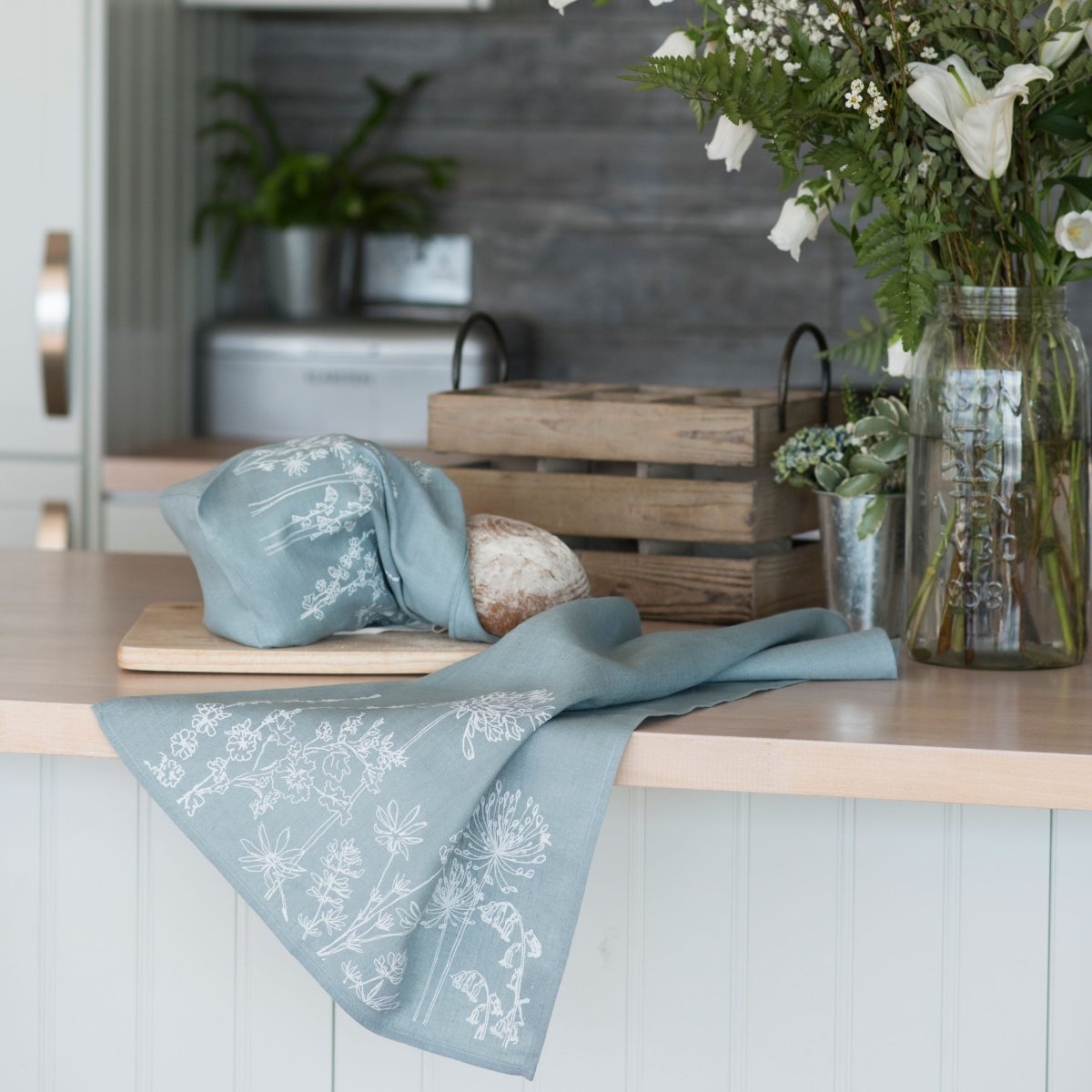 linen tea towel duck egg blue flower design