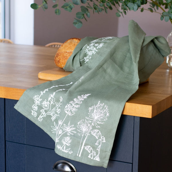 Sage Green Linen Tea Towel from the Garden Collection by Helen Round