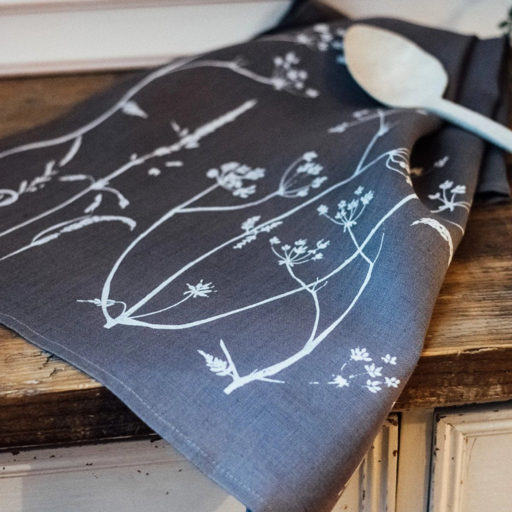 Linen Tea Towel Slate Grey in Hedgerow Design