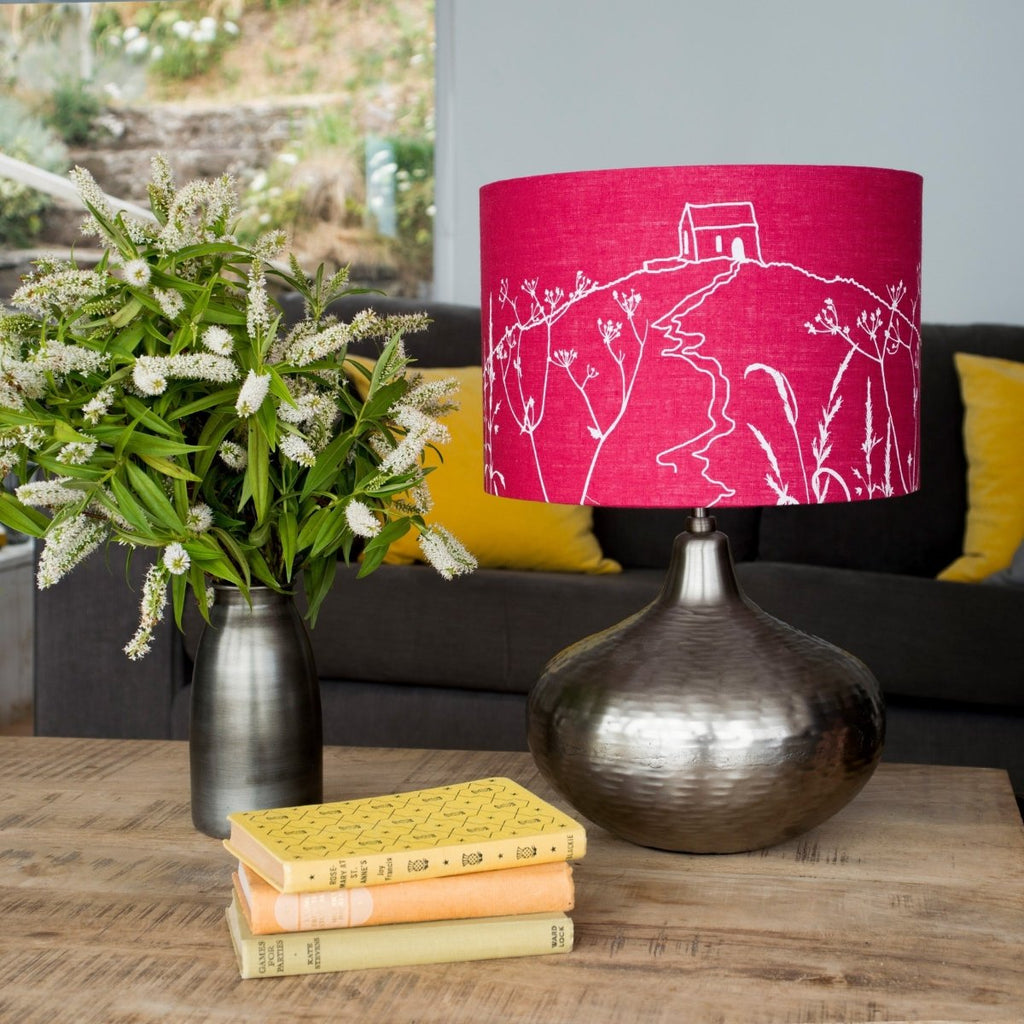 Rame Head linen lampshade in the colour raspberry red with a white print 30cm