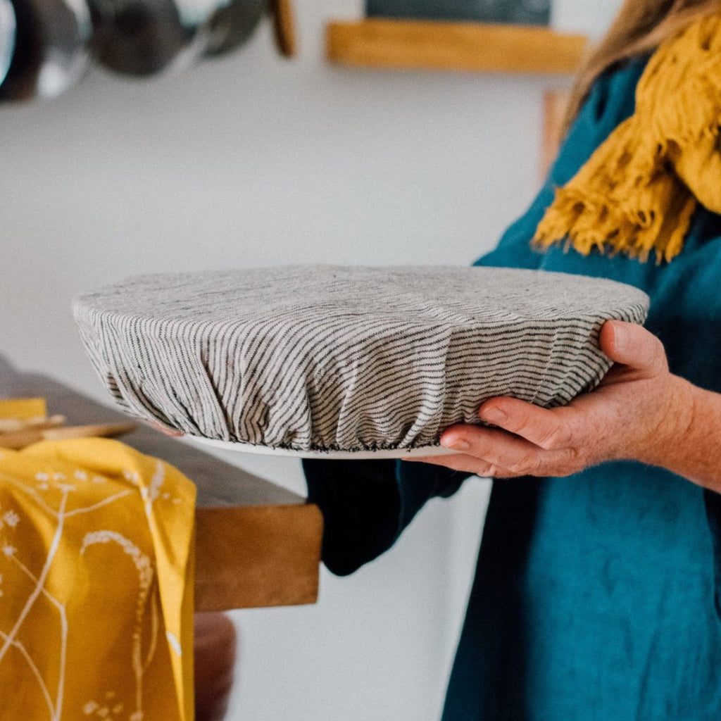 Large Linen Bowl Cover with Natural and Linen Stripe, Mustard Linen Tea Towel